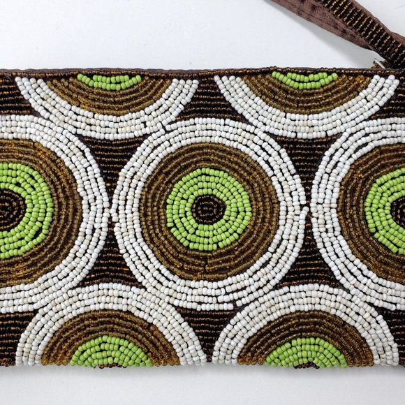 Vintage beaded zip clutch Retro brown, green, white circle motif handbag wallet - Picture 3 of 14